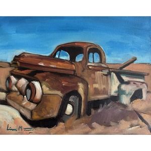 original impressionist Painting Vintage Rusty Truck Landscape Desert Abandoned